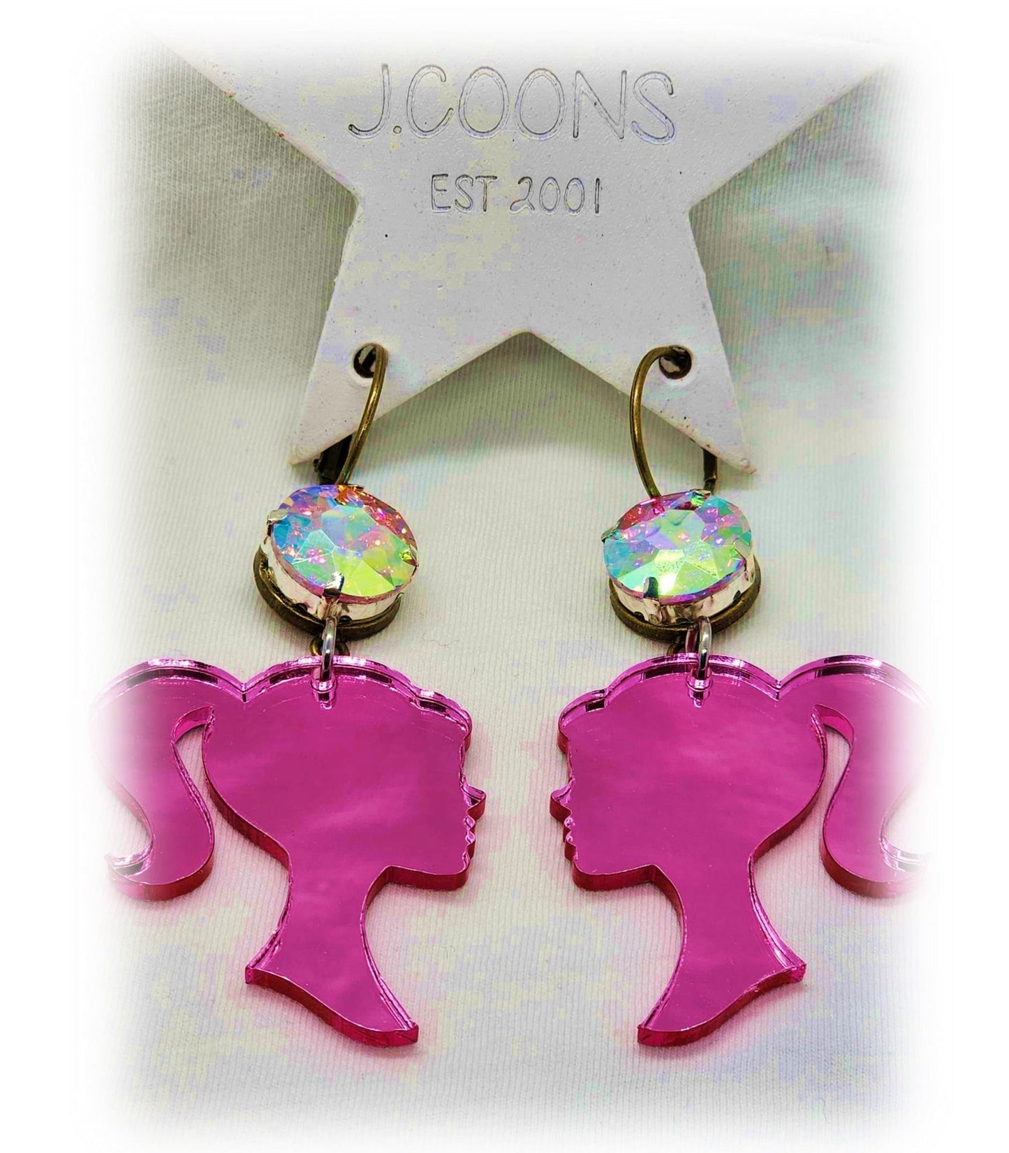 Fashion Doll Head Mirror Crystal AB Hot Pink Earrings 3"