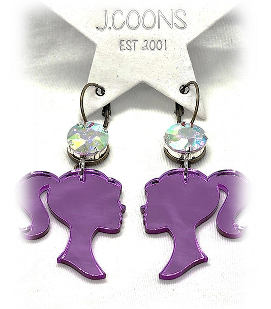 Fashion Doll Head Mirror Crystal AB Purple Earrings 3"